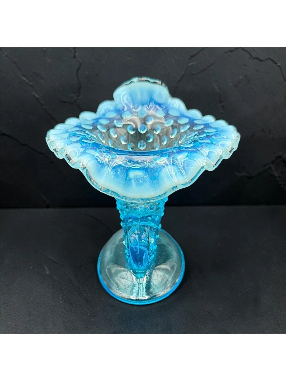 Vintage Fenton Blue Opalescent Hobnail Cornucopia Vase Candleholder 4.5